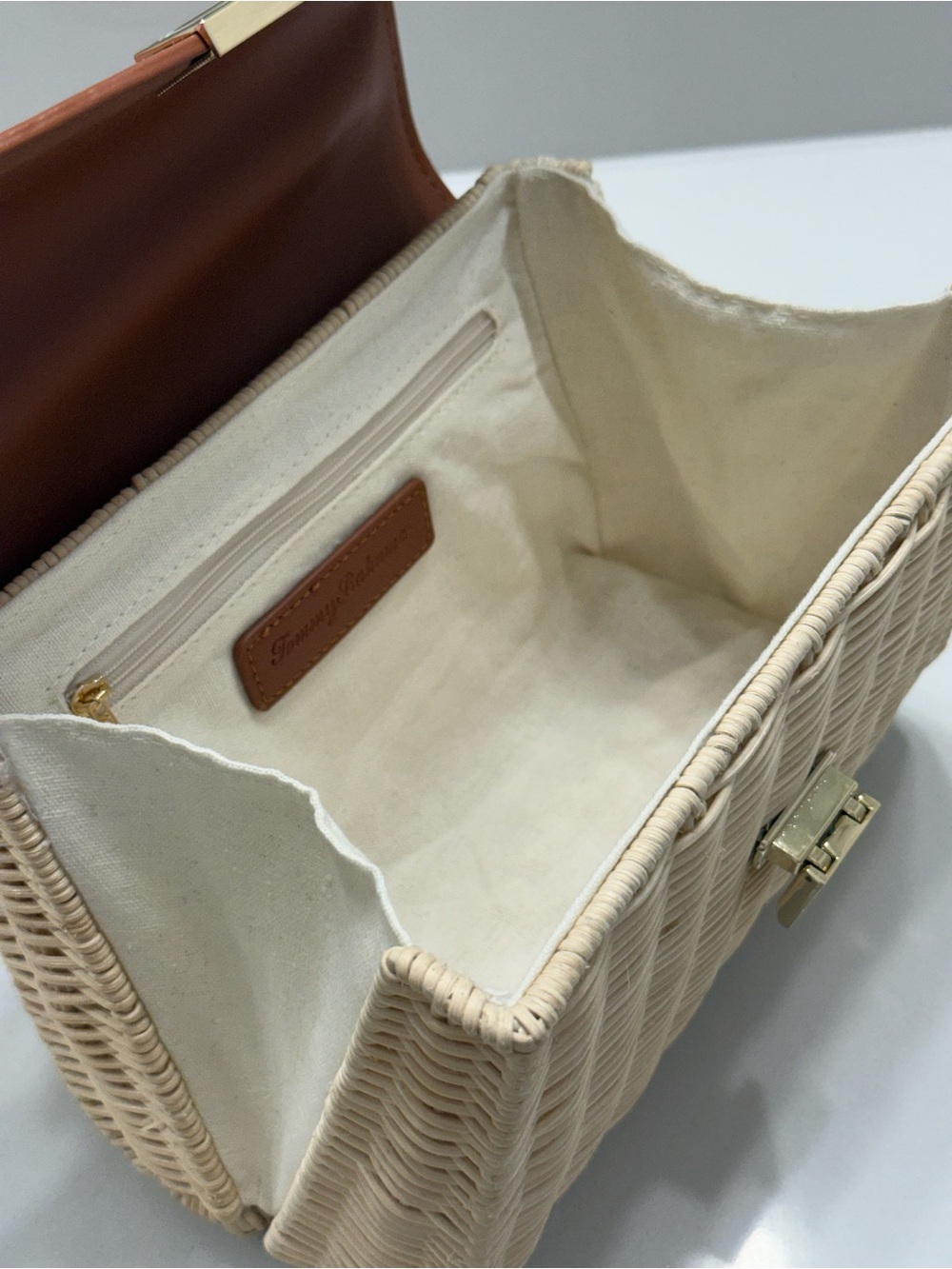 Tommy Bahama Tan Leather & Natural Rattan Top-Handle Satchel NWT - Picture 9 of 12